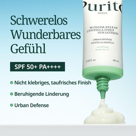 PURITO PURITO Wonder Releaf Centella Daily Sun Lotion SPF50+ PA++++, 60ml / 2.02 fl.oz, Lightweight, Non-White Cast, UVA & UVB Protection, K-Beauty