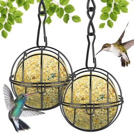 OFFCUP Fat Ball Bird Feeder, 2pcs Metal Fat Ball Bird Holder, Hanging Bird Feeder Holder Spherical with 2 S-shaped hooks for Outdoor Garden Wildlife Birds Finch Sparrow Robin (Black)