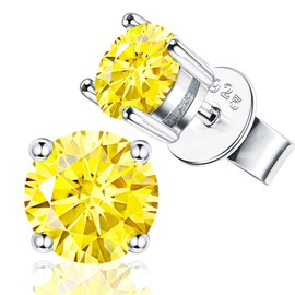 Yellow Moissanite Stud Earrings 2ct D Color VVS1 Clarity Solitaire Round Cut Earrings 18K Gold Plated S925 Sterling Silver Moissanite Jewelry for Women