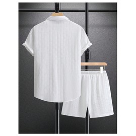 VIPWOLF Men's 2 Piece Outfits Textured Button Down Shirts and Drawstring Waist Shorts Sets with Pocket White Large