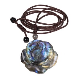 KYEYGWO Natural Labradorite Pendant Necklace with Adjustable Cord, Crystal Rose Flower Necklace Gothic Jewellery Gifts for Men Women