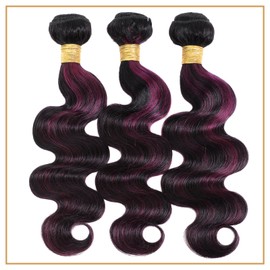 ALHER Black Mix Midnight Purple Burgundy Highlight Bundles Human Hair Body Wave, 10A Soft Thick 3 Bundles Wavy 100% Remy Hair Balayage Highlight Two Tone Colored(#1B/Purple, 10 12 14 Inch)