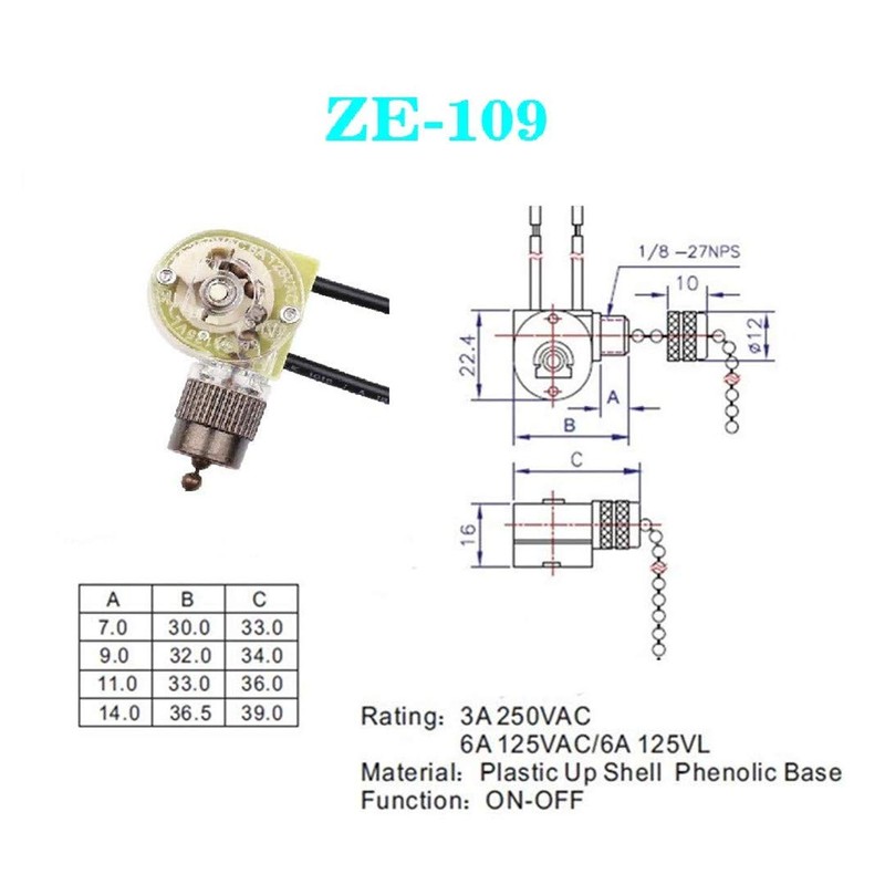 Ceiling Fan Light Switch Zing Ear ON-Off Pull Chain Switch