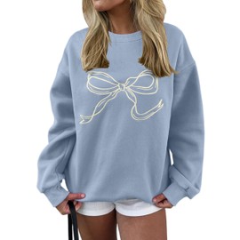 SHBECYDE Women Oversized Sweatshirt Bow Crewneck Long Sleeve Fleece Pullover Top Clean Girl Aesthetic Fall Sweatshirt Outfits Blue