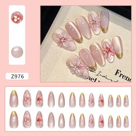 24Pcs Gold French Tip Press on Nails Medium Almond Fake Nails Luxury 3D Flower False Nails with Rhinestones Designs Elegant Sparkly Acrylic Nails Full Cover Flowers Glue on Nails for Women