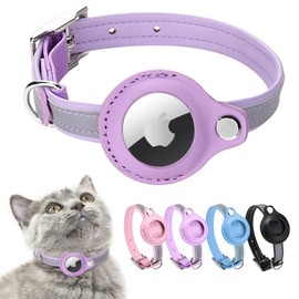 Airtag Cat Collar, Leather Collar, Reflective Adjustable GPS Airtag Case for Tracking Cat Anti-Loss, Airtag for Large/Medium/Small (XS, Purple)