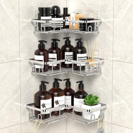 UUlioyer Stainless Steel Corner Shower Caddy, Shower Shelf No Drilling, Bath Storage with Hooks for Bathroom, Silver (3-Pack)