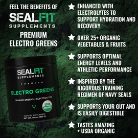 SEALFIT ElectroGreens - USDA Organic Greens Superfood + Electrolytes Powder. 25+ Superfoods for Energy and Hydration. Super Green Juice and Electrolyte Powder Inspired by Former Navy Seal Mark Divine