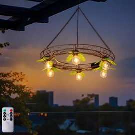Battery Operated Outdoor Chandelier, Decorative Hanging Pendant Lights with 6pcs G40 Bulbs, Rust Finish Metal Wire Floral shade, Brightness Adjustable with Timer for Pergola Gazebo Porch Patio Decor