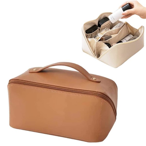 Portable Leather Travel Cosmetic Bag, Large Capacity Travel Cosmetic Bag, Leather Makeup Bag, Portable Cosmetic Bag, Skin Care Toiletry Bag, Cosmetic Toiletry Bag with Handle Divider, brown