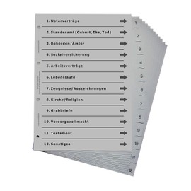 Folder index for important documents, well thought-out index for DIN A4 folders, document folder and document folder, light grey