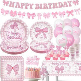 Pink Bow Birthday Decorations, Coquette Birthday Party Decorations Includes Pink Bow Plates and Napinks Cups Happy Banner Ballons for Girls Party Supplies, Serve 20