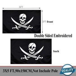 Pirate Jolly Roger Flag 3x5 Outdoor Double Sided Embroidered-Jack Rackham Flags Heavy Duty 2 Ply 210D Nylon with Embroidered Skull Crossbones Swords 4 Stitches Hem for Outside Boat