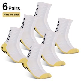 SOMINGUIZN 6 Pairs Soccer Socks Grip Socks Men's Anti Slip Non Slip Grip for Soccer Football, Basketball Pilates (White with Black Fots)