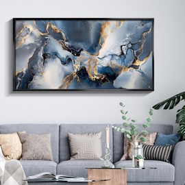 Abstract Canvas Wall Art 20"x40" Navy Blue Gold Modern Framed Decor, Large Horizontal Luxury Metal Frame Wall Decor, Stylish Artwork for Living Room Office Home
