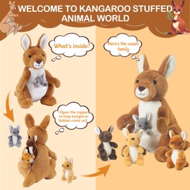 5 PCS Kangaroo Stuffed Animal, Mommy Stuffed Kangaroo Plush with 4 Babies Insides, Soft Kangaroos Plushies with Pouch and Joey Plush Toys in Zipper for Kids Birthday Gift Christmas Party Favors