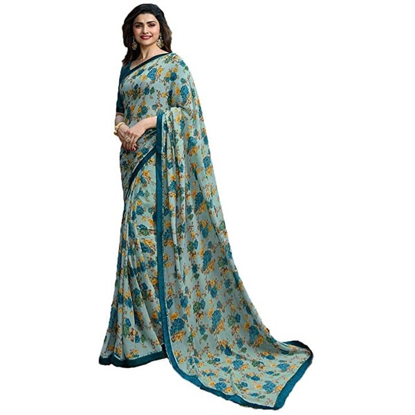 Indio - Sari con estampado de flores para mujer, con borde y blusa, 32, Azul (Sky Blue), Talla única