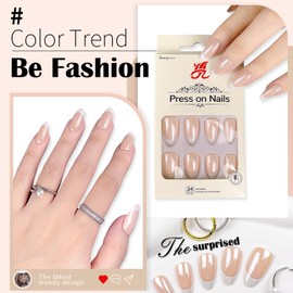 YHJZ French Tip Press on Nails Medium Almond Nail Chrome Press On Nails for Women 24Pcs Short Press Ons with Nail Adhesive Tabs