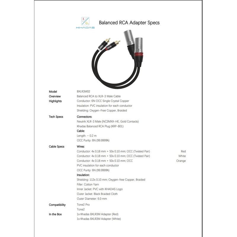 khadas Balanced RCA Adapter, XLR 3 Plug Cable, Audio Stereo