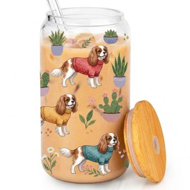 Cavalier King Charles Spaniel Gift for Women, 16 oz Glass Cup with Lids and Straws for Coffee, Juice