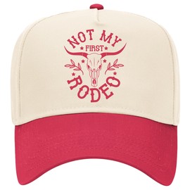 Trenz Shirt Company Women's Embroidered Otto Cap 5 Panel Mid Profile Baseball Cap - Not My First Rodeo, Bull Skull, Natural/Red