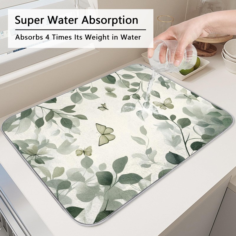 Green Leaf Dish Drying Mat, 18"x24" Ultra Water Absorbent Microfiber