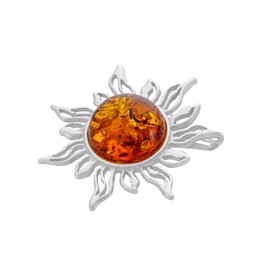 AMBEDORA Ladies Silver Brooch Sun with Amber Polished Sterling Silver Baltic Amber in Cognac Colour, Sterling Silver, Amber