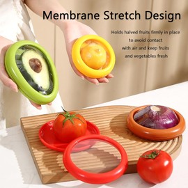 Gieyina 4PCS Fruit And Vegetable Storage Containers,Vegetable Sha Transparent Film Reusable Food Saver Set for Fridge，Avocado Onion Tomato and Lemon Leakproof Keeper, AU-322-2