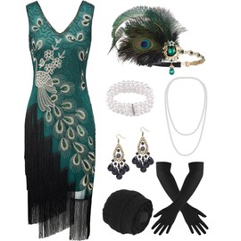 ELFIN 20s Dresses Flapper Dress Women's Sequins Fringe Dress 20s Party Dress Cocktail Dress Vintage 1920s Costume Dresses Set with Headband, Headpiece, Long Black Gloves, Necklace, Green