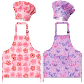 GROBRO7 4Pcs Pink Theme Kids Apron and Chef Hat Set Gift for Girls Floral Butterfly Adjustable Kitchen Beginner Toddler Aprons with 2 Pockets Waterproof Chef Hats for Baking Cooking Painting Training