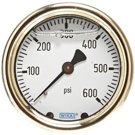 WIKA 9318224 Industrial Pressure Gauge, Liquid-Filled, Copper Alloy Wetted Parts, 2-1/2" Dial, 0-600 psi Range, +/- 2/1/2% Accuracy, 1/4" Male NPT Connection, Center Back Mount