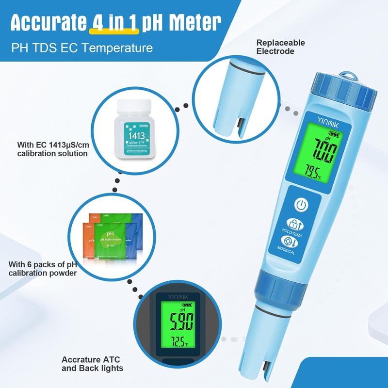 YINMIK Water pH Meter, Digital 4 in 1 pH Temp