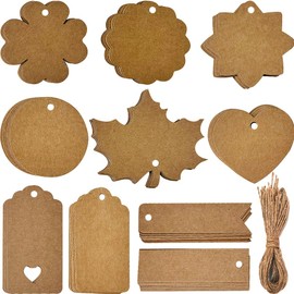 Brown Gift Tags, 100 Pcs Kraft Paper Tags, 10 Shapes Brown Paper Tags with String Hollow Heart Gift Tags for Valentines, Wedding, Christmas, Thanksgiving, Present, DIY