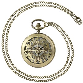 MORFONG Vintage Pocket Watch Quartz Pocket Watch with Necklace Hollow Compass Roman Numerals Pocket Watch for Men Women Father Grandpa Birthday Anniversary, bronze, Antique