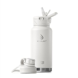 IDEUS Insulated Water Bottle with Straw 32 oz (950 ml), with 3 Leak-Proof Wide Mouth Lids Stainless Steel Water Bottles, Keeps Hot & Cold, Great for Hiking & Biking, White