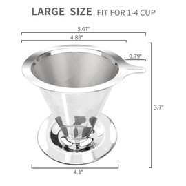 Hanlomele Pour Over Coffee Dripper, Paperless Reusable Coffee Filter, Pour Over Coffee Maker for Single Cup Brew, Double Mesh Design of Stainless Steel Cone Filter for Perfect Extraction (1-4 Cup)