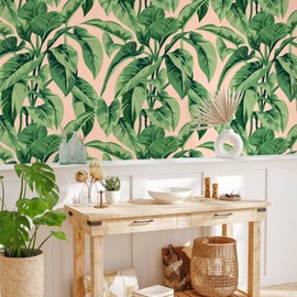 VEELIKE Pink Palm Tree Peel and Stick Wallpaper Boho Pink Tropical Wallpaper for Bedroom Bathroom 17.7''x354'' Self Adhesive Jungle Wallpaper Removable Pink Contact Paper for Wall Decor Cabinets Shelf