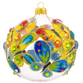 Pinwinito - Polish Christmas Ornaments (Blue Yellow Butterfly) - Individual Glass Ball 3.94”, Mouth Blown Glass Ornaments for Xmas Tree, Hand Painted - Classic Elegant Clear Glass - Stylish Vintage