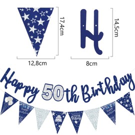 Fesnova Girlande 50 geburtstag, Blau und Silber Banner 50 Geburtstag für Männer und Frauen, Happy 50 Birthday Banner für Deko 50 Geburtstag, Geburtstagsgirlande Party Dekoration