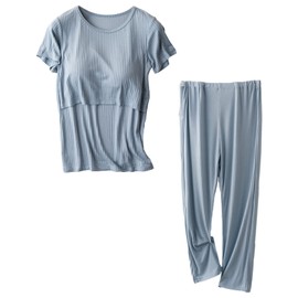 aromm Women Maternity Short Sleeves Nursing Shirts Tops and Long Casual Pants Breastfeeding Clothes Set Blue,M