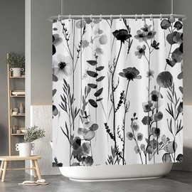 Baocicco Black and White Flower Shower Curtain Set - Farmhouse Floral Vintage Botanical Fashion - 72x78 Inch Polyester Waterproof Bathroom Decor