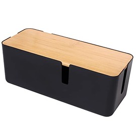 Changsuo Cable Management Box with Bamboo Lid Small Cable Organizer Box for Extension Cord Power Stripe Surge Protector Wire Management Concealer Organizer Cover Hider (Black)