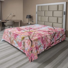 Ambesonne Floral Flat Sheet, Japanese Sakura Cherry Blossom Branches Full of Spring Beauty Picture, Soft Comfortable Top Sheet Decorative Bedding 1 Piece, Queen Size, Pale Blue Pale Pink
