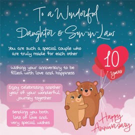 Hunts England - Daughter And Son In Law 10th Anniversary Card - Starry Night - Cute Bears - Verse 10th Anniversary Card For Daughter And Son-in-Law - Poem Daughter And Son-in-Law Anniversary Card