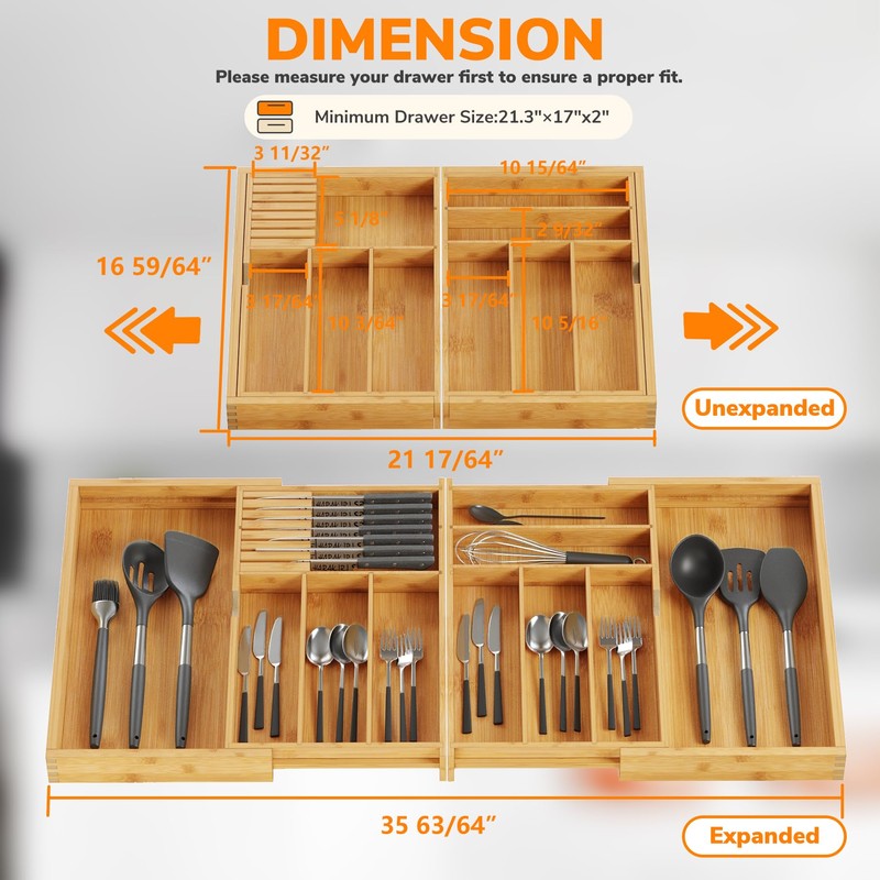 BAMEOS Expandable Silverware Drawer Organizer with Removable Knife Blocks, Bamboo