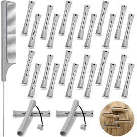 24 Pieces Hair Perm Rods Cold Wave Rods Plastic Perming Rods Curlers Hair Rollers with Steel Pintail Comb Rat Tail Comb Tools for Hairdressing Styling(Grey,0.59 Inches)