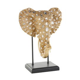 Deco 79 Resin Elephant Decorative Sculpture Beaded Home Decor Statue with Rhinestone Accents and Black Metal Stand, Accent Figurine 13" x 10" x 8", Gold