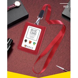 Porta Gafete con Cordón,Tarjetero de Cuero Genuino,Soporte para Tarjetas de Identificación con Ventana Vertical Transparentepara el Cuello para Oficina, Negocios, Trabajo (Rojo)