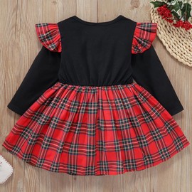 AGQT Toddler Baby Girls Christmas Buffalo Plaid Ruffle Long Sleeve Tulle Lace Skirt Tutu Dress Princess Outfits Red Plaid Black Mesh Skirt Outfits Overall Fall Winter 4-5 Years