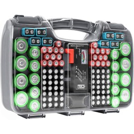 The Battery Organizer, Battery Storage Organizer Hinged Clear Cover with Locking Lid, Holds 180 Batteries, Includes a Removable Battery Tester, Holder for Garage Organization, Charcoal